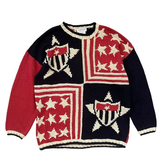 Vintage Jaeger Hand Knit Silk Blend Oversized‎ Stars Stripes Flag Sweater Medium - Picture 1 of 11